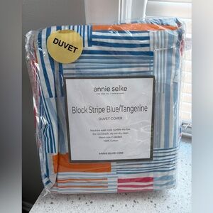 Annie Selke- Block Stripe Blue/Tangerine Duvet Cover- king size.